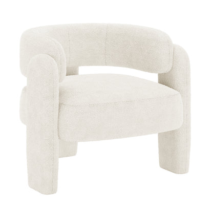 Seto Bouclé Curved Occasional Accent Chair in eggshell white, featuring a rounded, tubular backrest, broad curved arms, and a thick cushioned seat, upholstered in soft bouclé fabric.
