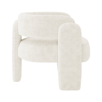 Seto Bouclé Curved Occasional Accent Chair - Eggshell White features a modern design with an off-white bouclé fabric, curved backrest, low rounded seat, and three chunky tubular legs.