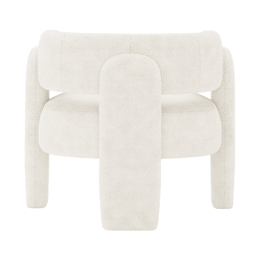Seto Bouclé Curved Occasional Accent Chair - Eggshell White features a sculptural design with off-white bouclé upholstery, thick rounded cushions, and chunky cylindrical legs, offering a stylish, modern look.
