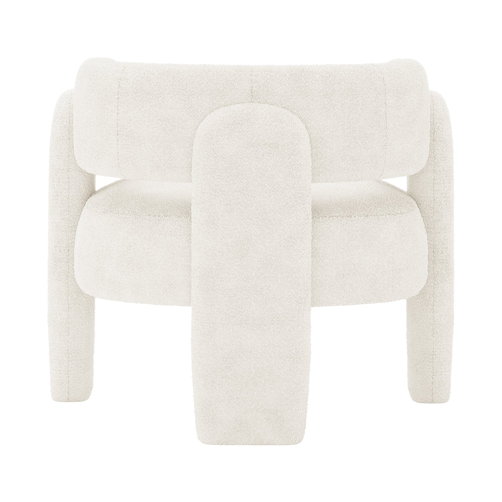 Seto Bouclé Curved Occasional Accent Chair - Eggshell White features a sculptural design with off-white bouclé upholstery, thick rounded cushions, and chunky cylindrical legs, offering a stylish, modern look.