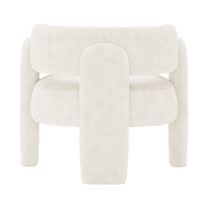 Seto Bouclé Curved Occasional Accent Chair - Eggshell White features a sculptural design with off-white bouclé upholstery, thick rounded cushions, and chunky cylindrical legs, offering a stylish, modern look.
