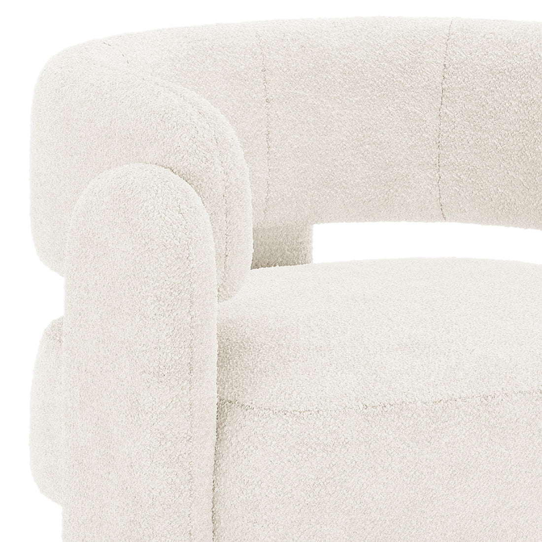 Seto Bouclé Curved Occasional Accent Chair with cream bouclé fabric showcases a modern, rounded design, highlighting its soft texture and modular shape, epitomizing stylish comfort and elegance.