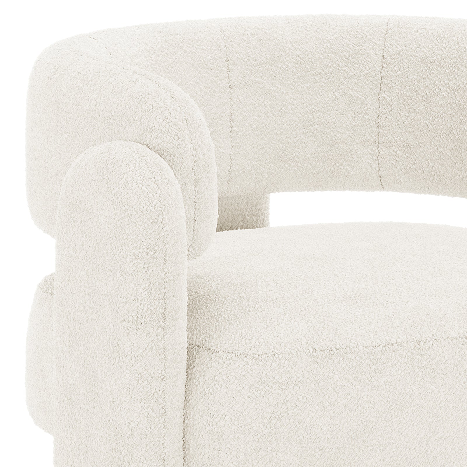 Seto Bouclé Curved Occasional Accent Chair with cream bouclé fabric showcases a modern, rounded design, highlighting its soft texture and modular shape, epitomizing stylish comfort and elegance.