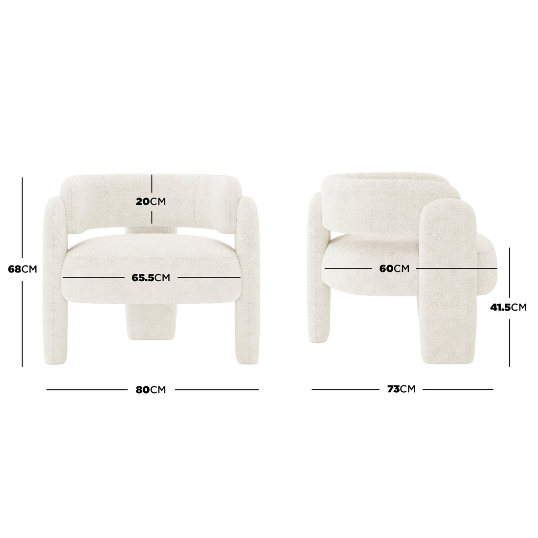 Seto Bouclé Curved Occasional Accent Chair in off-white upholstery features a curved backrest, tubular legs, and plush seat cushion, shown from front and side angles with detailed dimensions.