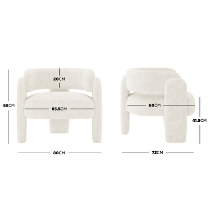 Seto Bouclé Curved Occasional Accent Chair in off-white upholstery features a curved backrest, tubular legs, and plush seat cushion, shown from front and side angles with detailed dimensions.