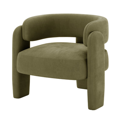 Seto Velvet Curved Occasional Accent Chair – Sage; modern olive-green lounge chair with a curved backrest, rounded arm supports, and plush padding in velvet, set against a white background.