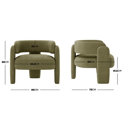 Seto Velvet Curved Occasional Accent Chair – Sage, shown front and side, features olive-green upholstery, curved backrest, thick cushioning, and solid wood frame, with dimensions detailed for width, height, and depth.