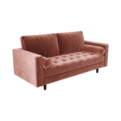 Sollia 3-Seater Velvet Sofa in Blush, featuring plush velvet upholstery, sleek wooden feet, and matching bolster pillows, designed for modern sophistication and ultimate comfort in a chic living space.