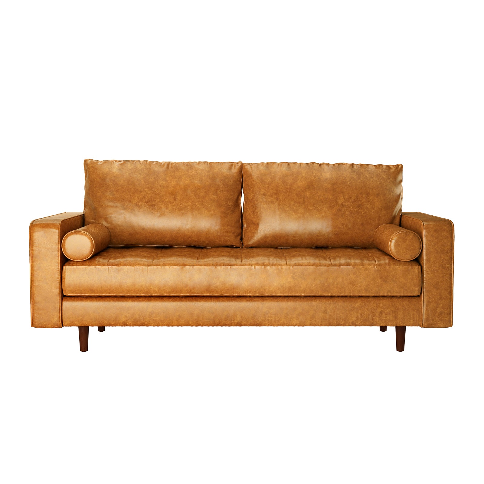 Sollia 3 Seater PU Leather Sofa - Tan Brown, featuring plush cushions and sleek design, showcases its luxurious tan-brown upholstery and spacious seating, perfect for enhancing any modern living area.