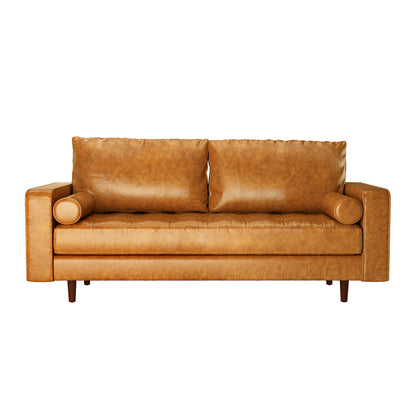 Sollia 3 Seater PU Leather Sofa - Tan Brown, featuring plush cushions and sleek design, showcases its luxurious tan-brown upholstery and spacious seating, perfect for enhancing any modern living area.