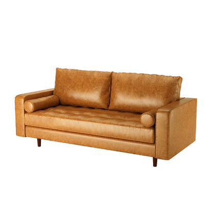 Sollia 3 Seater PU Leather Sofa - Tan Brown, showcasing close-up details of its luxurious tan leather upholstery, highlighting the plush, high-density foam seating and refined office-style chic design.