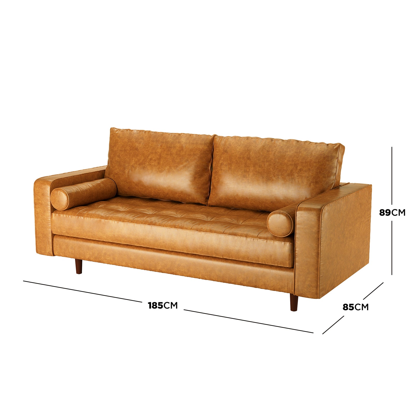 Sollia 3 Seater PU Leather Sofa - Tan Brown in a close-up view showcasing its luxurious PU leather texture, plush cushioning, and elegant design, ideal for enhancing a modern lounge setting.