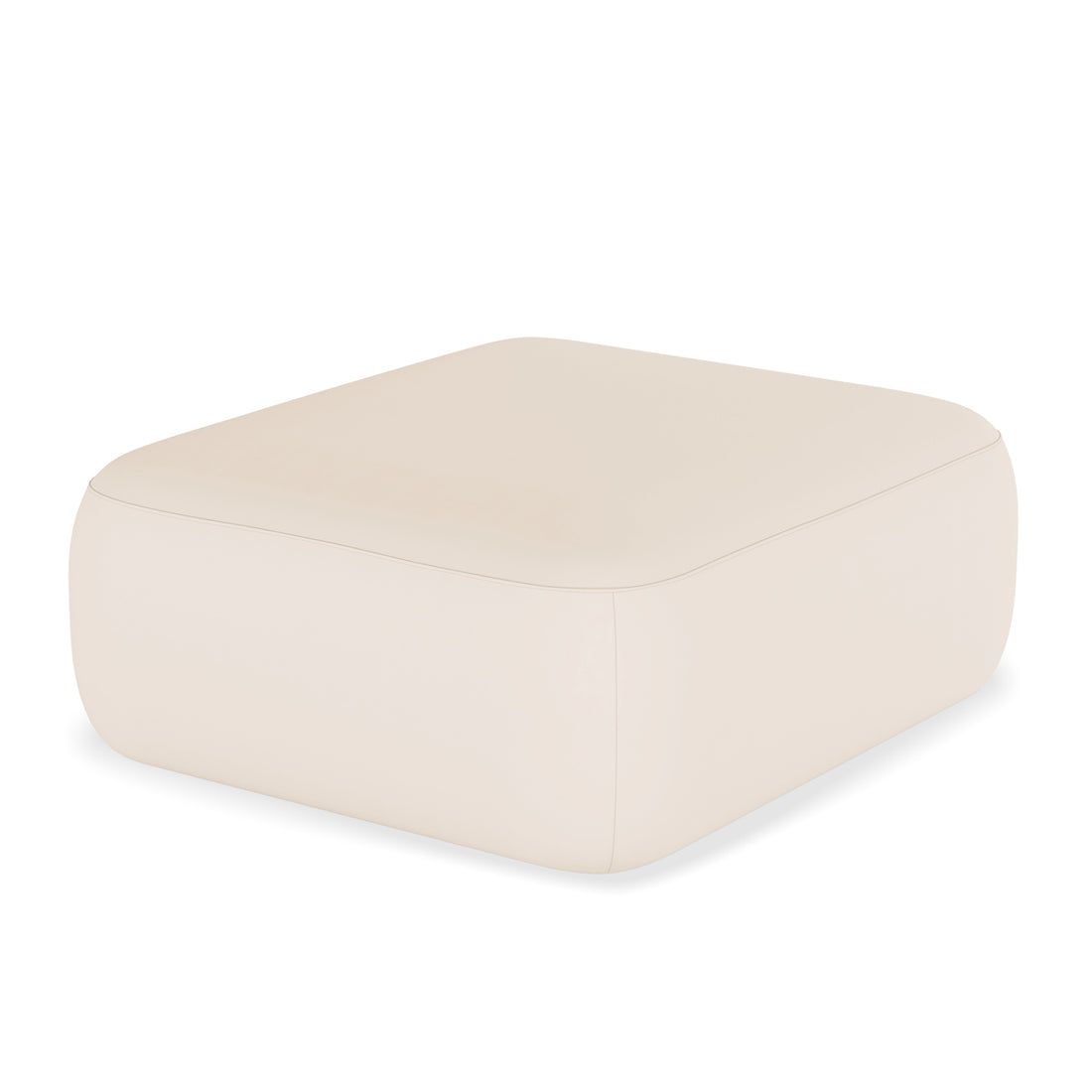 Soraya Velvet Fabric Ottoman in Cream White, a square-shaped, beige upholstered pouf with plush velvet upholstery, sits elegantly on a white background, highlighting its modern design and versatile use.
