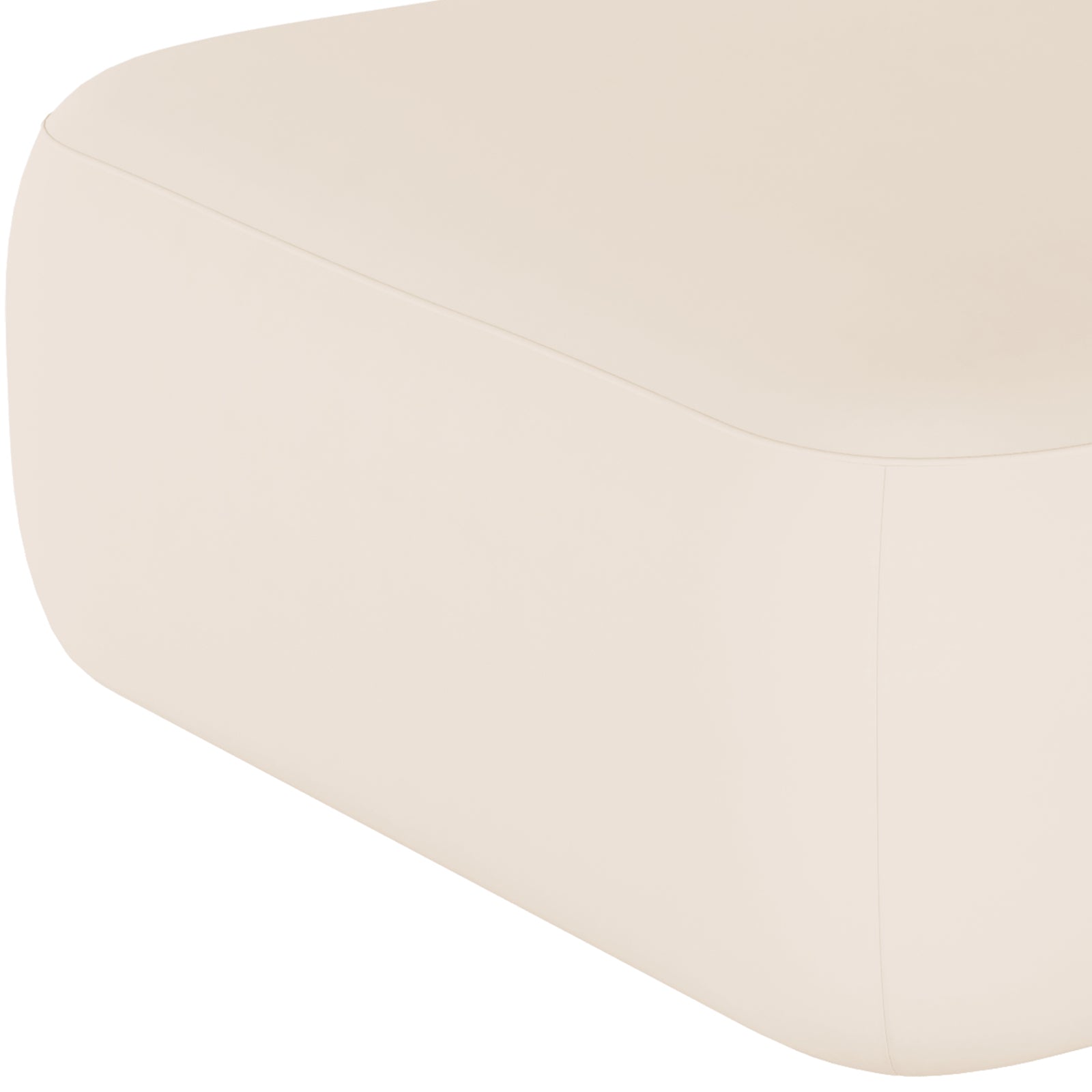 Close-up of Soraya Velvet Ottoman in Cream White, showcasing the corner with rounded edges and a seam where the lid meets the base, highlighting its sleek, modern design.