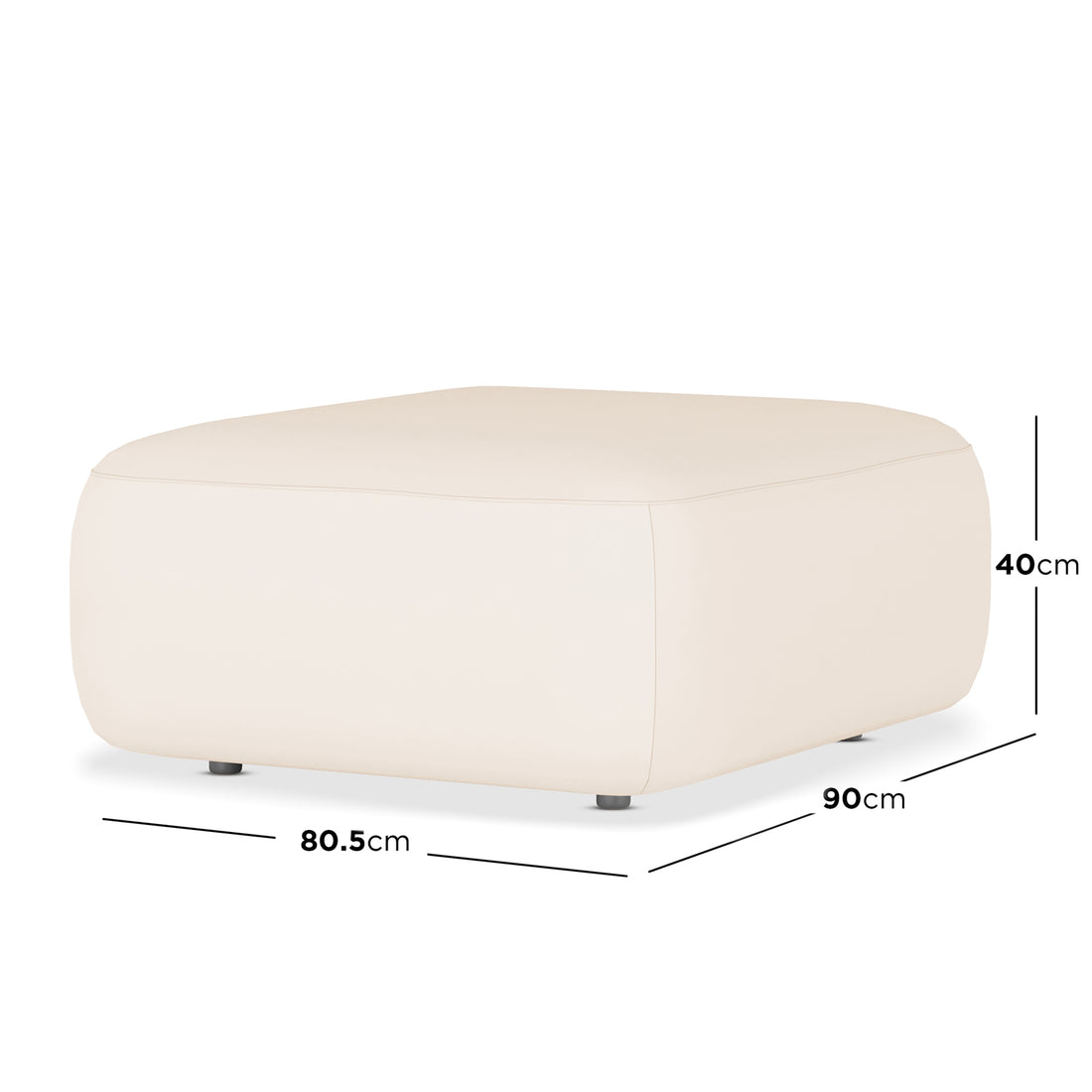 Soraya Velvet Fabric Ottoman in Cream White, a low rectangular piece with plush velvet upholstery, rests on small round feet, measuring 80.5cm wide, 90cm deep, and 40cm high.
