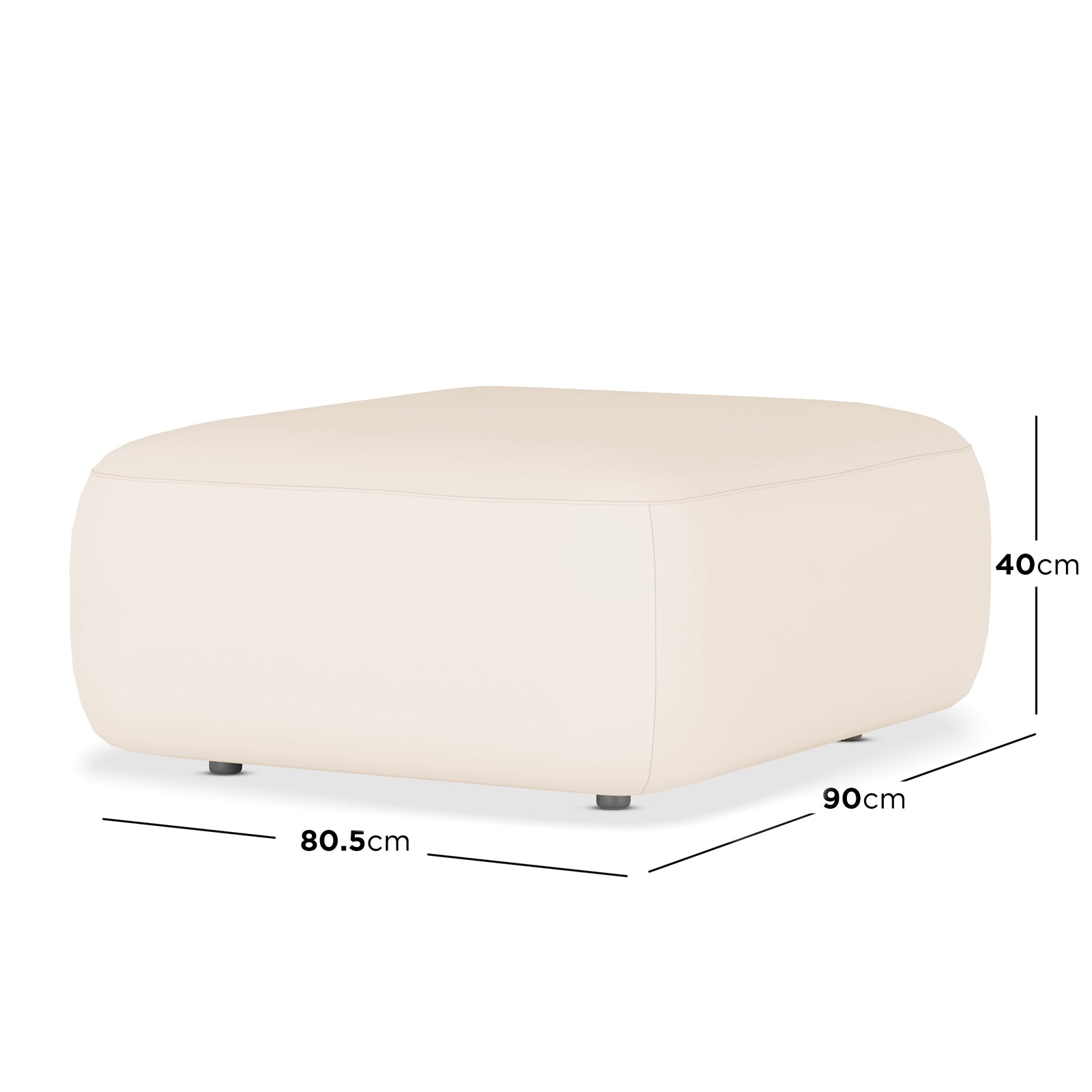 Soraya Velvet Fabric Ottoman in Cream White, a low rectangular piece with plush velvet upholstery, rests on small round feet, measuring 80.5cm wide, 90cm deep, and 40cm high.