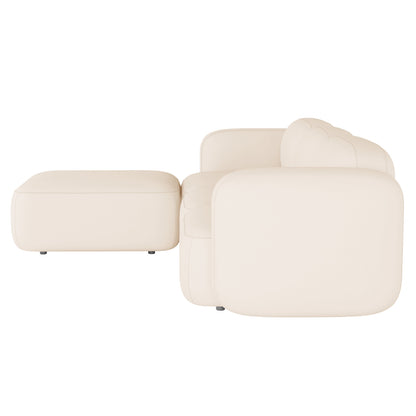 Soraya 3-Seater Velvet Sectional Sofa in Cream White features a modern design with plush, rounded upholstered edges, paired with a versatile matching ottoman for customizable comfort and style.