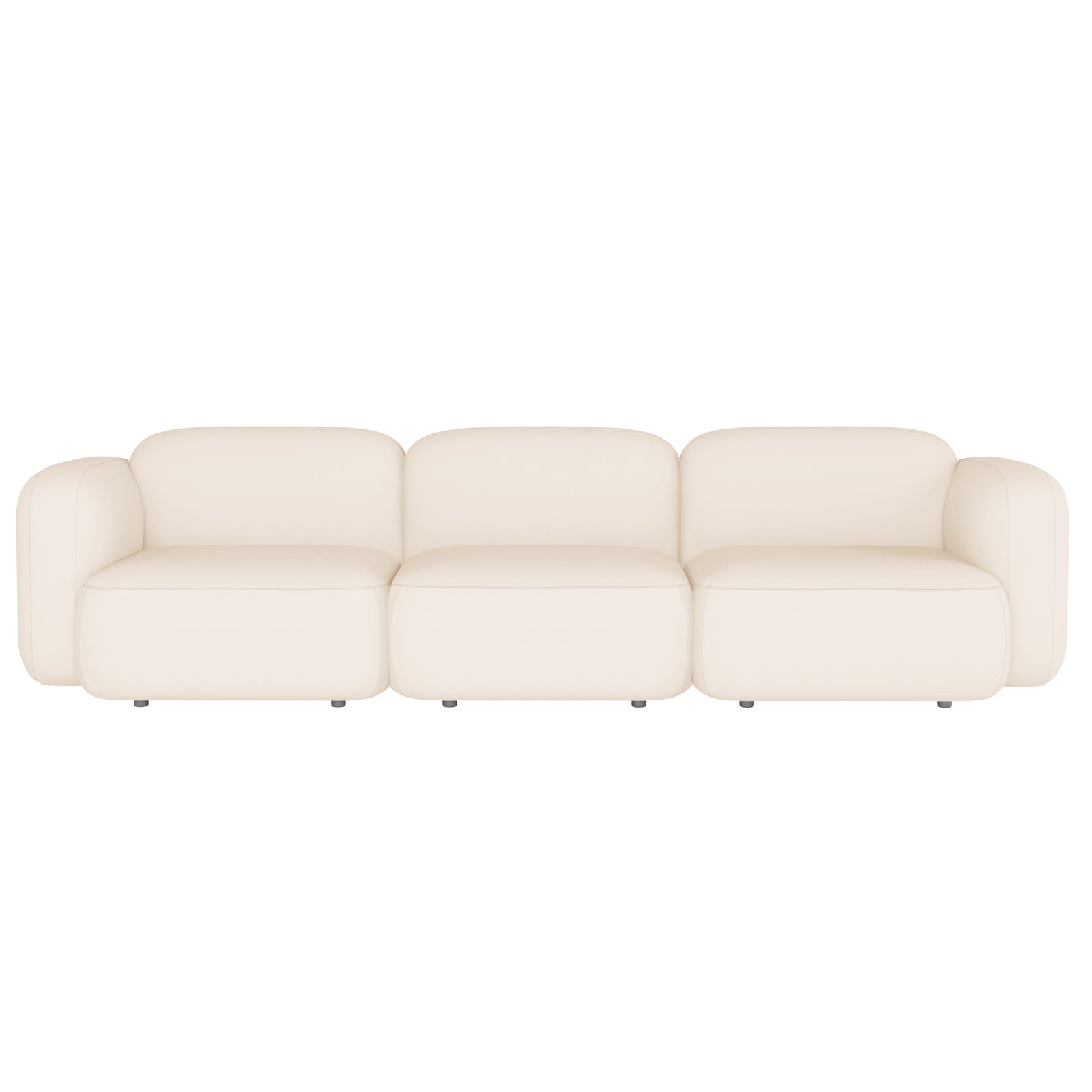 Soraya 3 Seater Velvet Sectional Sofa in Cream White, featuring broad rounded cushions, softly curved armrests, and a low-profile design, set on a white background.