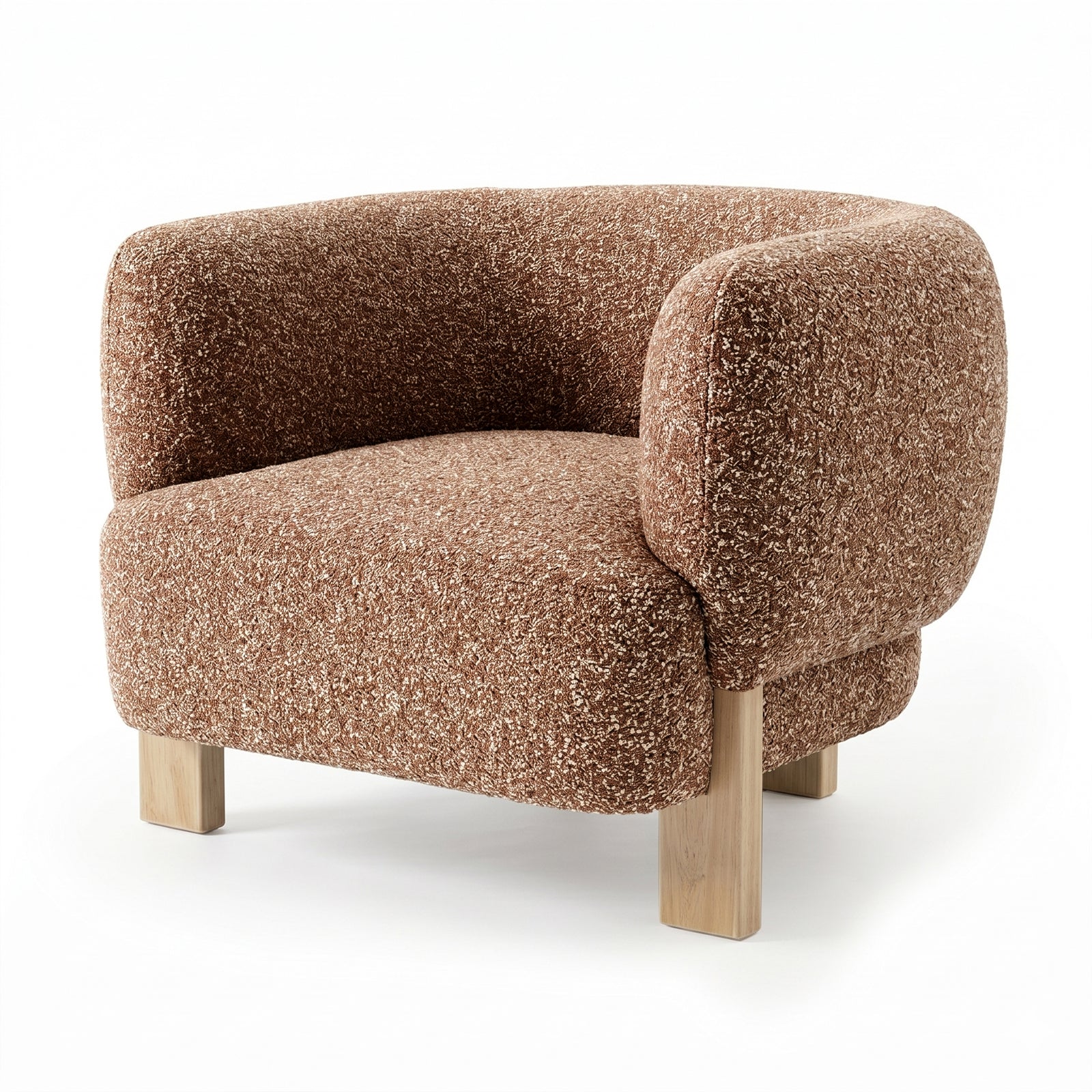 Sornel Boucle Upholstered Accent Chair in Coral, featuring a rounded back and armrests in speckled bouclé fabric, supported by four light wooden legs, offering a modern and cosy seating option.