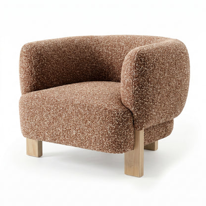 Sornel Boucle Upholstered Accent Chair in Coral, featuring a rounded back and armrests in speckled bouclé fabric, supported by four light wooden legs, offering a modern and cosy seating option.