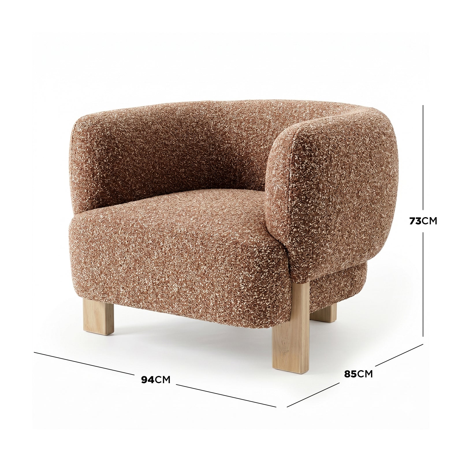 Sornel Boucle Upholstered Accent Chair in Coral featuring a textured brown bouclé fabric, low sculpted back, rounded armrests, and chunky block legs, highlighting its organic curves and generous footprint.