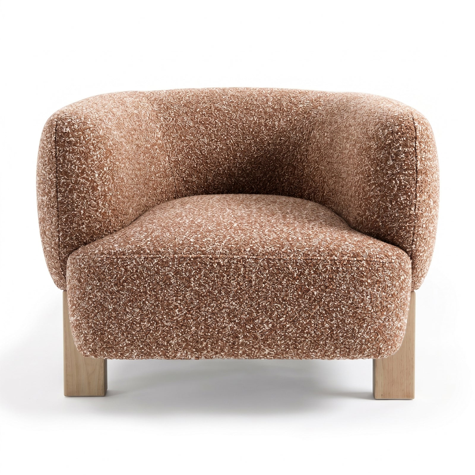 Sornel Boucle Upholstered Accent Chair in Coral, featuring a warm speckled boucle fabric, curved backrest, and short square wooden legs, offering a stylish, cozy focal point for modern interiors.