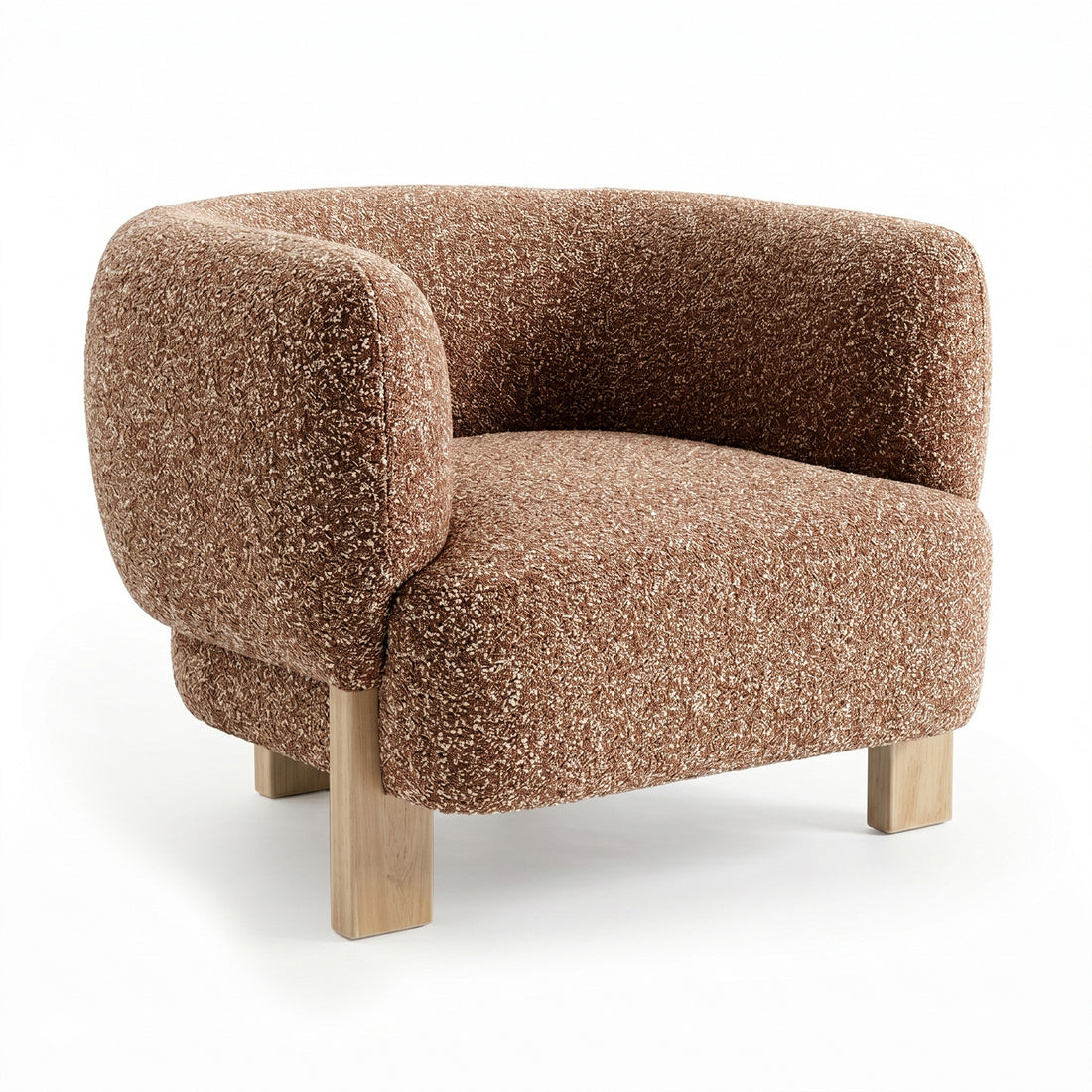 Sornel Boucle Upholstered Accent Chair in Coral, featuring a low, curved back and chunky seat cushion in textured bouclé fabric, supported on four light-wood, block-style legs for a modern lounge appeal.