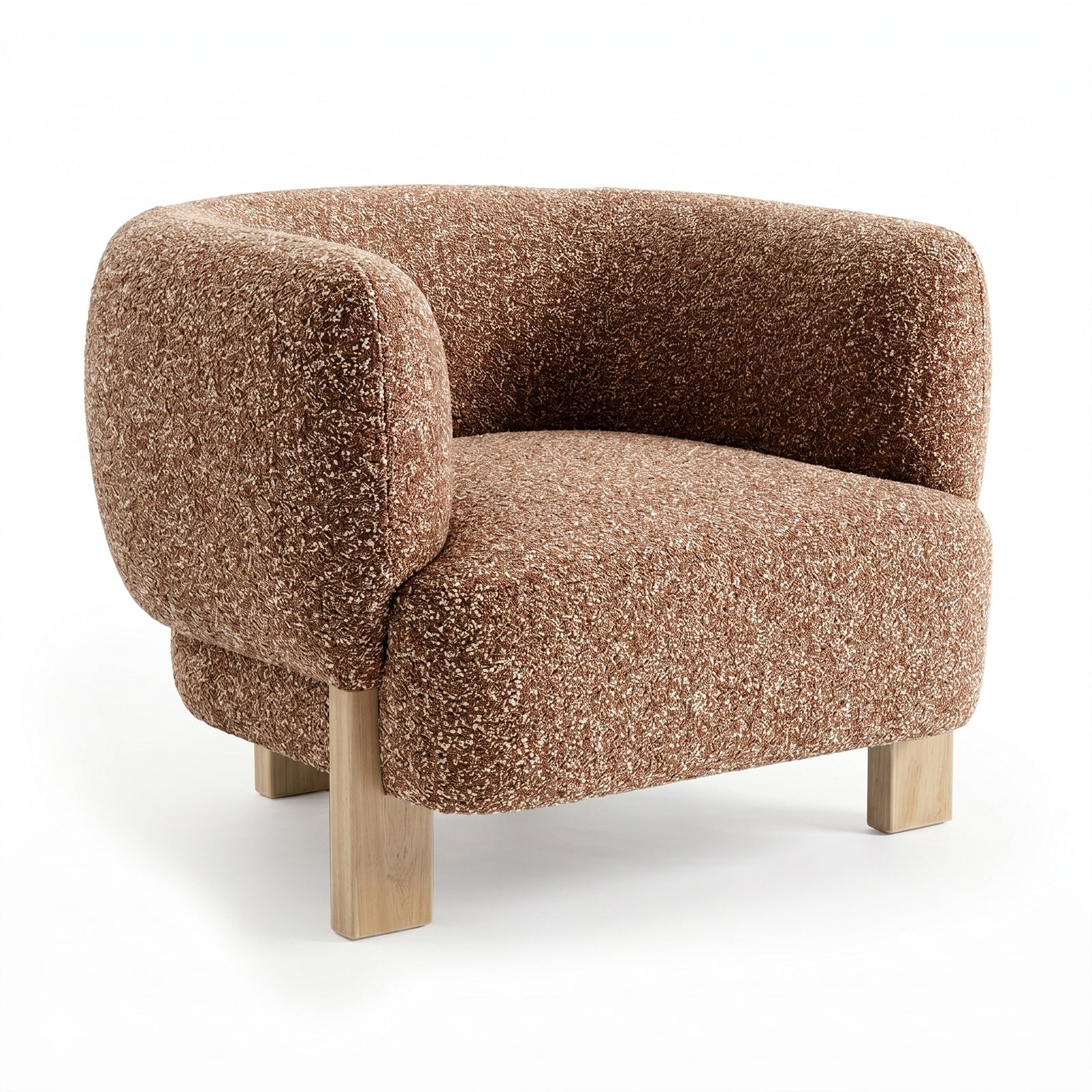 Sornel Boucle Upholstered Accent Chair in Coral, featuring a low, curved back and chunky seat cushion in textured bouclé fabric, supported on four light-wood, block-style legs for a modern lounge appeal.