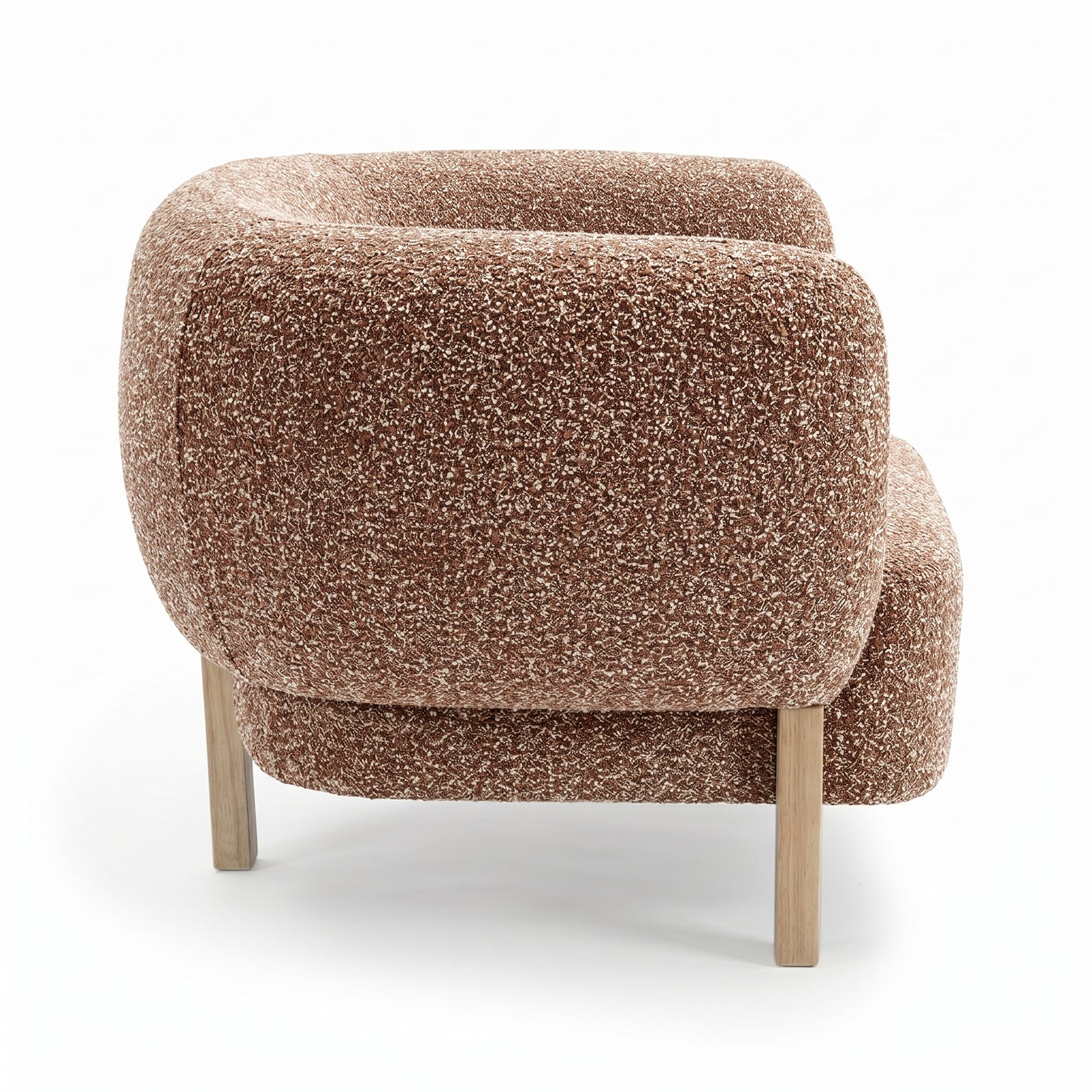 Sornel Boucle Upholstered Accent Chair in Coral, showcasing a rounded back and arms in speckled brown-and-cream boucle fabric, with light-wood legs, highlighting its modern design and high-density comfort.
