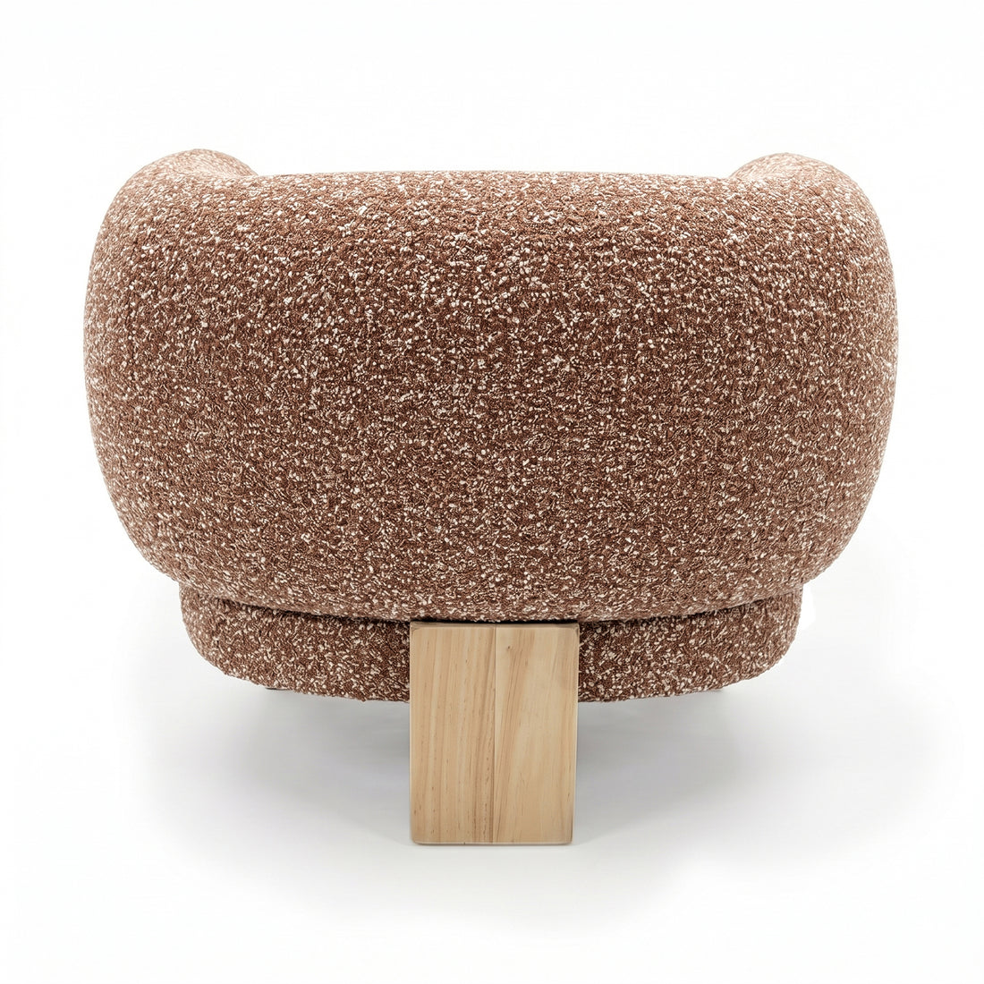 Sornel Boucle Upholstered Accent Chair in Coral, showcasing its rounded, low-profile design with brown, speckled boucle fabric and a central blocky wooden leg, against a white background.