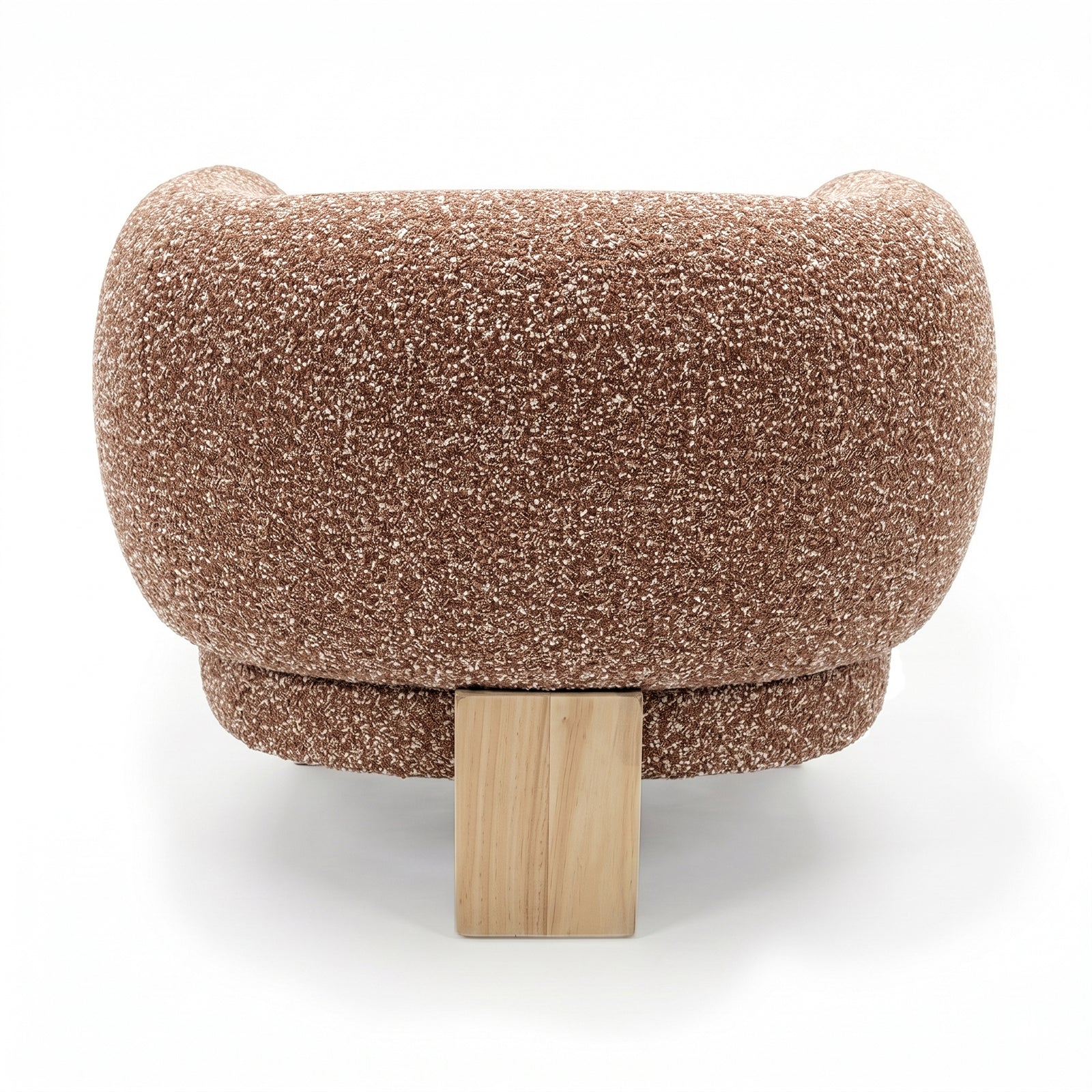 Sornel Boucle Upholstered Accent Chair in Coral, showcasing its rounded, low-profile design with brown, speckled boucle fabric and a central blocky wooden leg, against a white background.