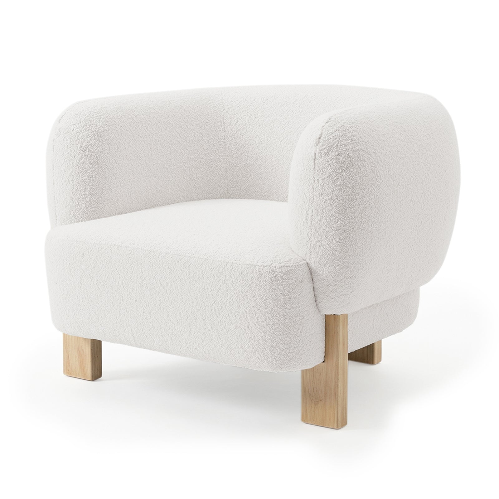 Sornel Boucle Upholstered Accent Chair in Cream White, featuring soft boucle fabric, rounded armrests, a thick cushioned seat, and four light wooden legs, embodying modern design and comfort.