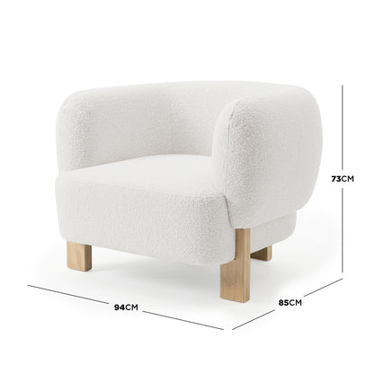 Sornel Boucle Upholstered Accent Chair in Cream White features a modern design with a curved back, cream boucle fabric, and solid wooden legs, measuring 94cm wide, 85cm deep, 73cm tall.