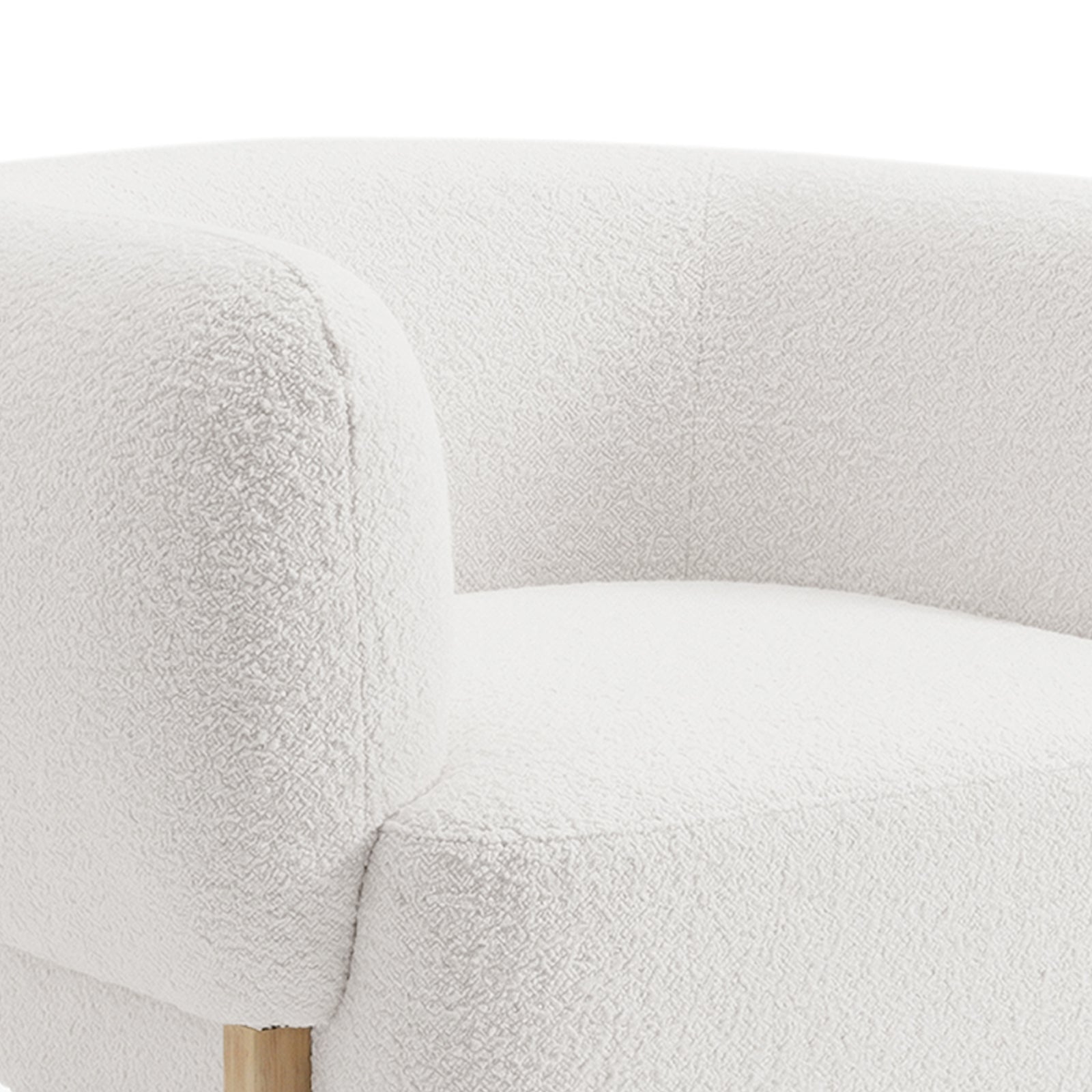 Close-up of the Sornel Boucle Upholstered Accent Chair in Cream White, highlighting its rounded arm and back cushions with textured boucle fabric and a glimpse of the wooden leg beneath.