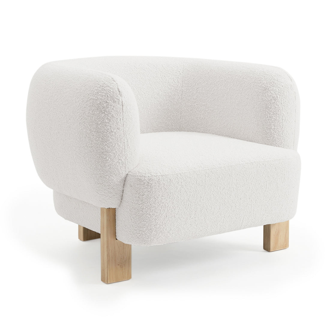 Sornel Boucle Upholstered Accent Chair in Cream White, featuring a softly rounded back and armrests, textured off-white fabric, and supported by four light natural finish wooden legs.