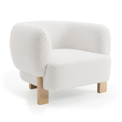 Sornel Boucle Upholstered Accent Chair in Cream White, featuring a softly rounded back and armrests, textured off-white fabric, and supported by four light natural finish wooden legs.