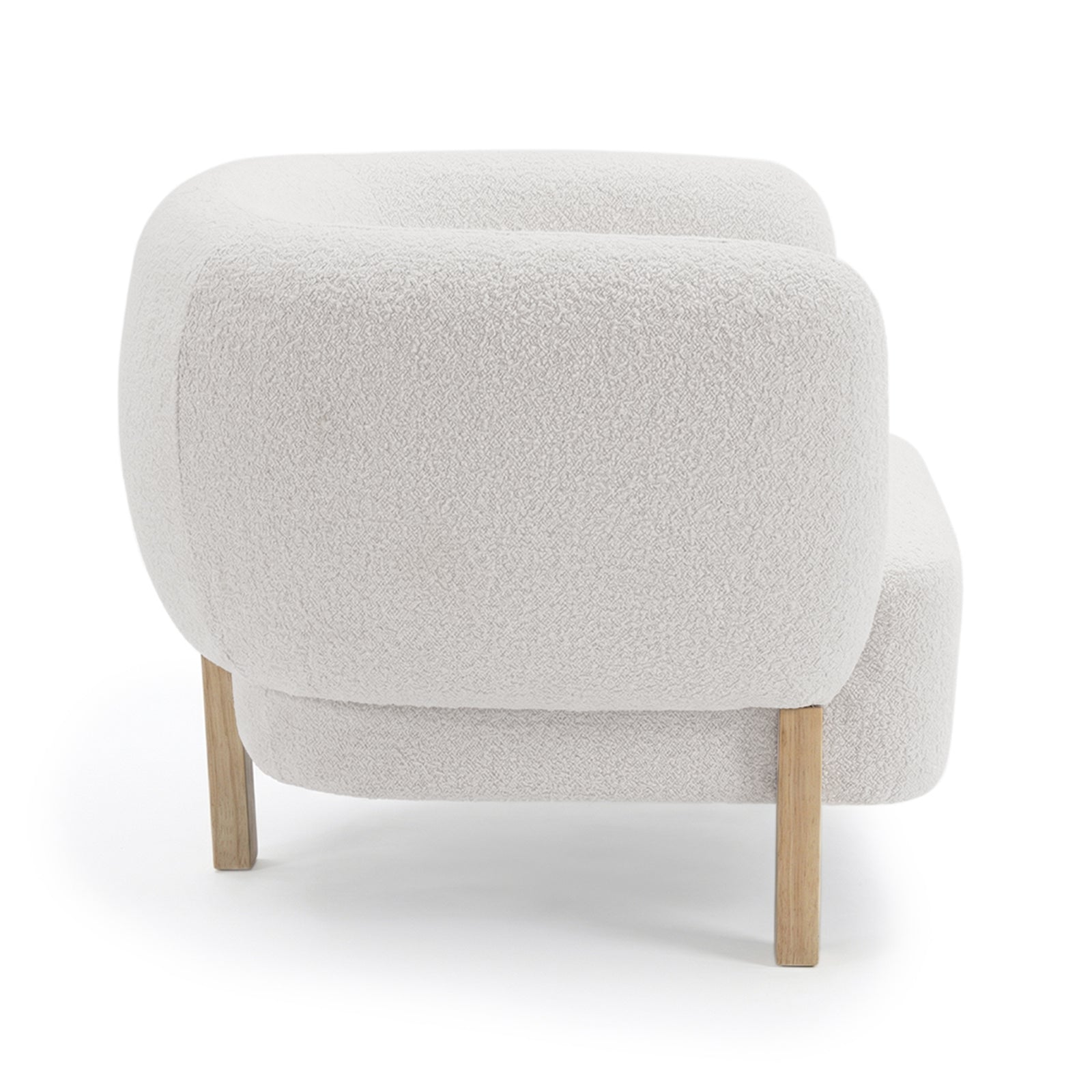 Sornel Boucle Upholstered Accent Chair in Cream White, showcasing chunky, rounded cushions in off-white boucle fabric, with straight wooden legs for a modern, clean look.