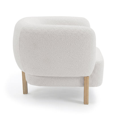 Sornel Boucle Upholstered Accent Chair in Cream White, showcasing chunky, rounded cushions in off-white boucle fabric, with straight wooden legs for a modern, clean look.