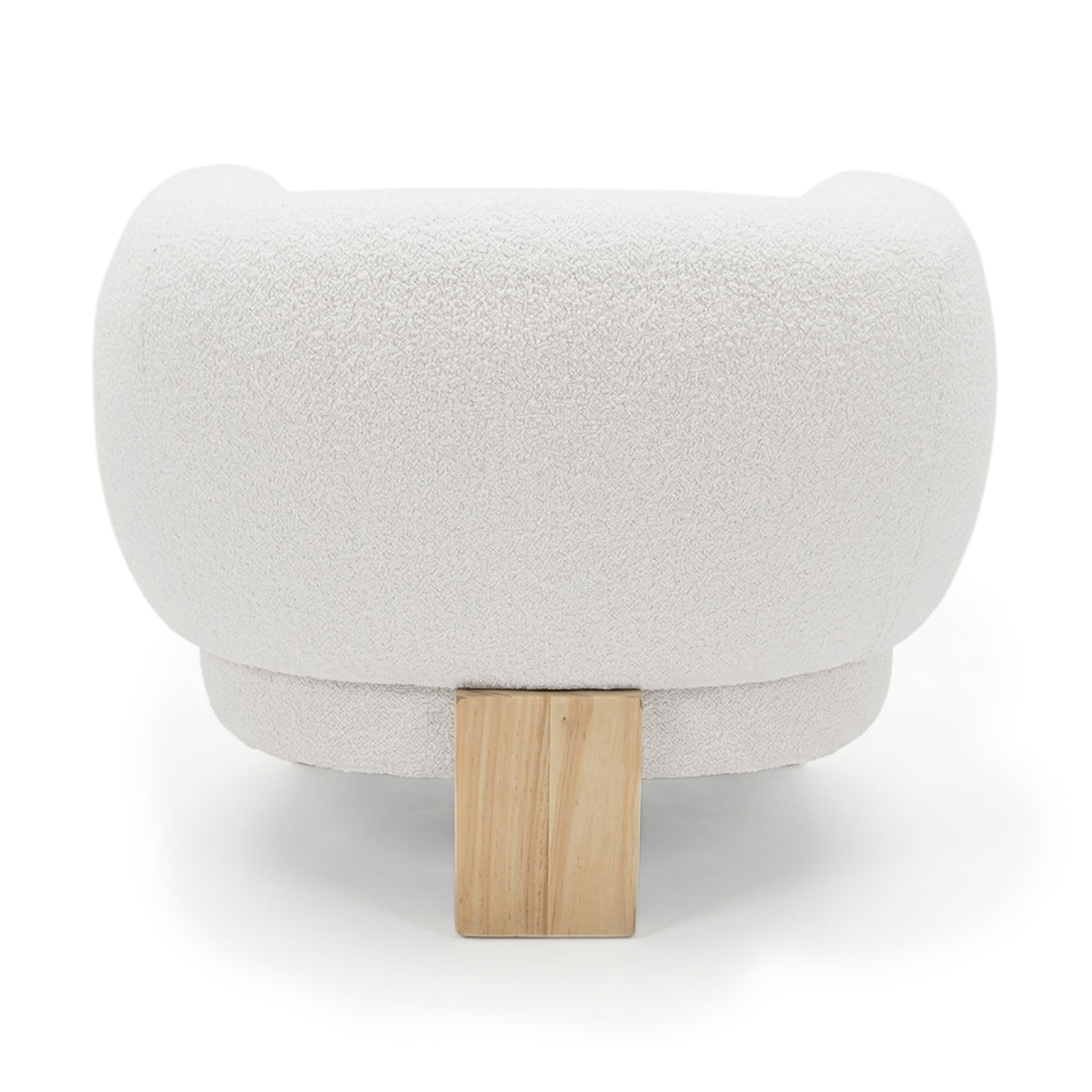 Sornel Boucle Upholstered Accent Chair in Cream White, displaying a low, ottoman-style design with textured boucle fabric and a short solid-wood leg, embodying modern, minimalist elegance.