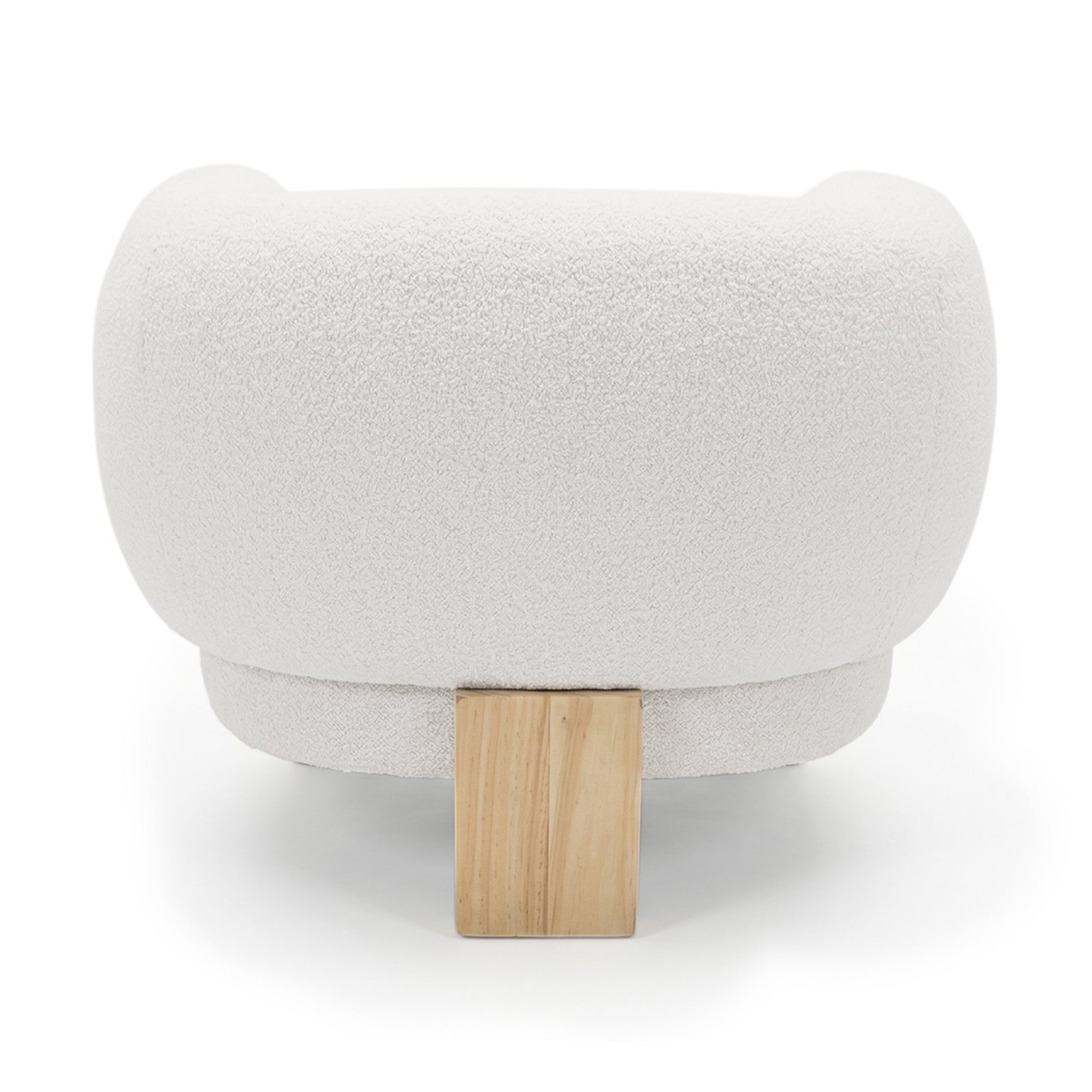 Sornel Boucle Upholstered Accent Chair in Cream White, displaying a low, ottoman-style design with textured boucle fabric and a short solid-wood leg, embodying modern, minimalist elegance.