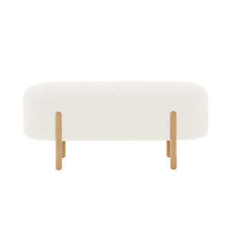 Suellen 108cm Boucle Fabric Ottoman Bench - Cream White, featuring a sleek white surface with wooden legs, offering a chic, mid-century design ideal for elegant and functional home seating.