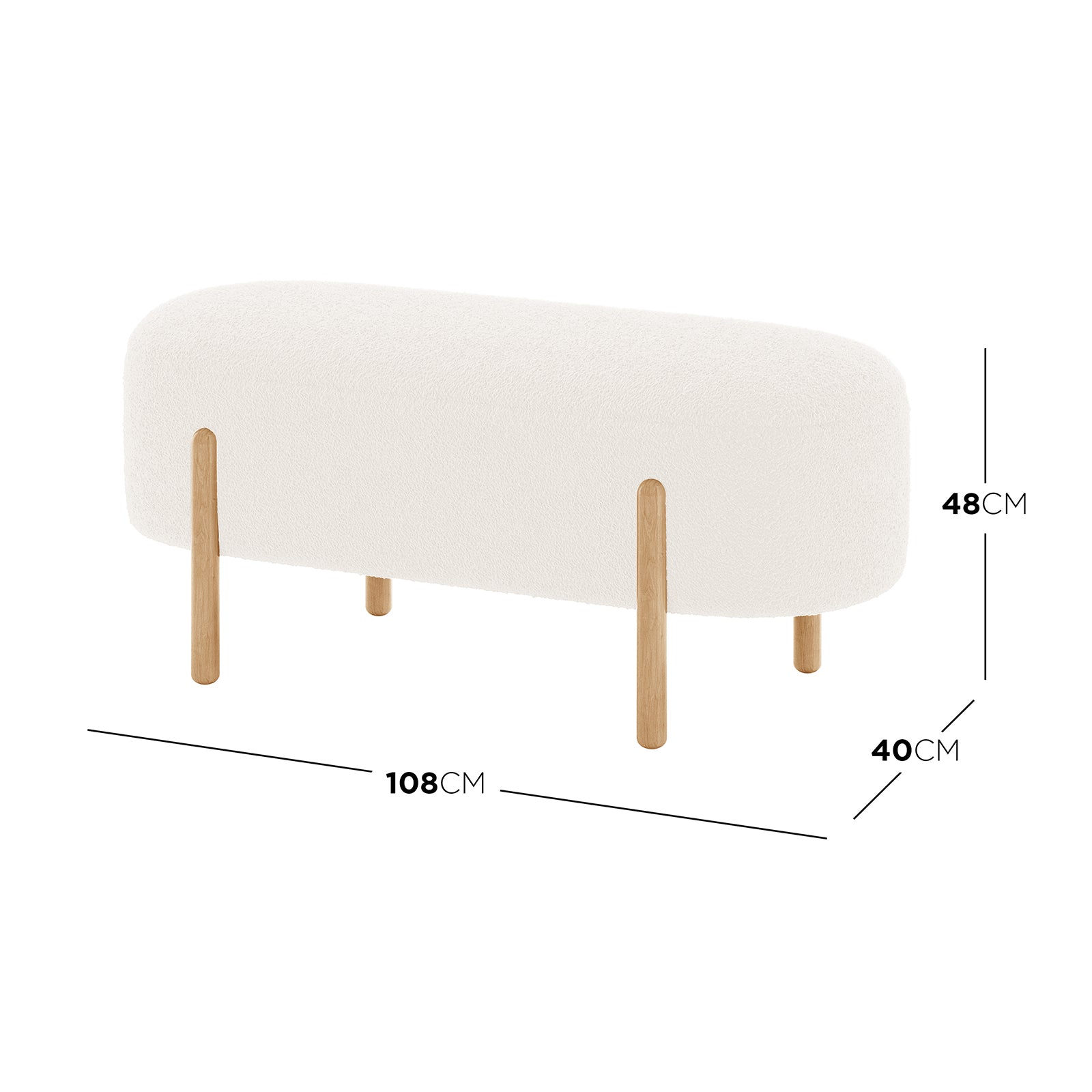 Suellen 108cm Boucle Fabric Ottoman Bench features cream white boucle upholstery with wooden legs, offering a chic mid-century design perfect for stylish, durable seating in any room.