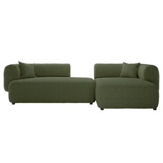 Susie 4-Seater Boucle L-Shaped Sofa - Dark Green, showcasing its plush boucle upholstery, ergonomic curved backrest, and L-shaped design, emphasizing comfort and modern elegance.
