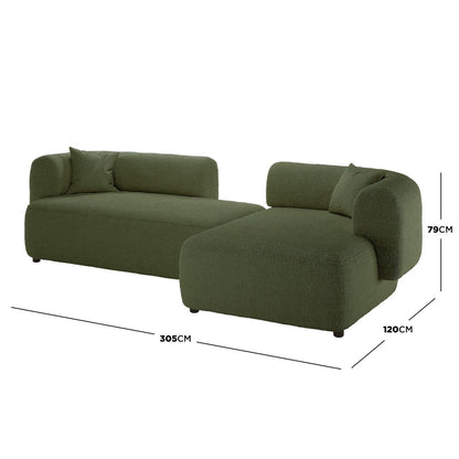 Susie 4-Seater Boucle L-Shaped Sofa - Dark Green, showcasing its plush boucle upholstery and ergonomic curved backrest, designed for corner placement to maximize space and style with a durable engineered wood frame.
