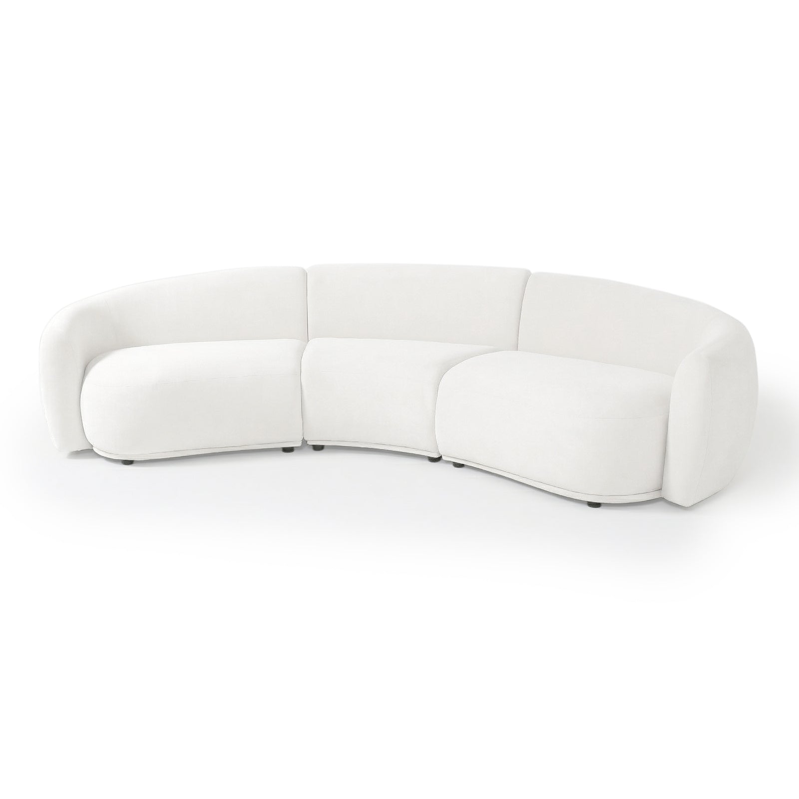 Modern crescent-shaped white sofa on white background