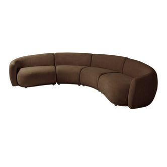 Modern curved sectional sofa in chocolate brown on white background