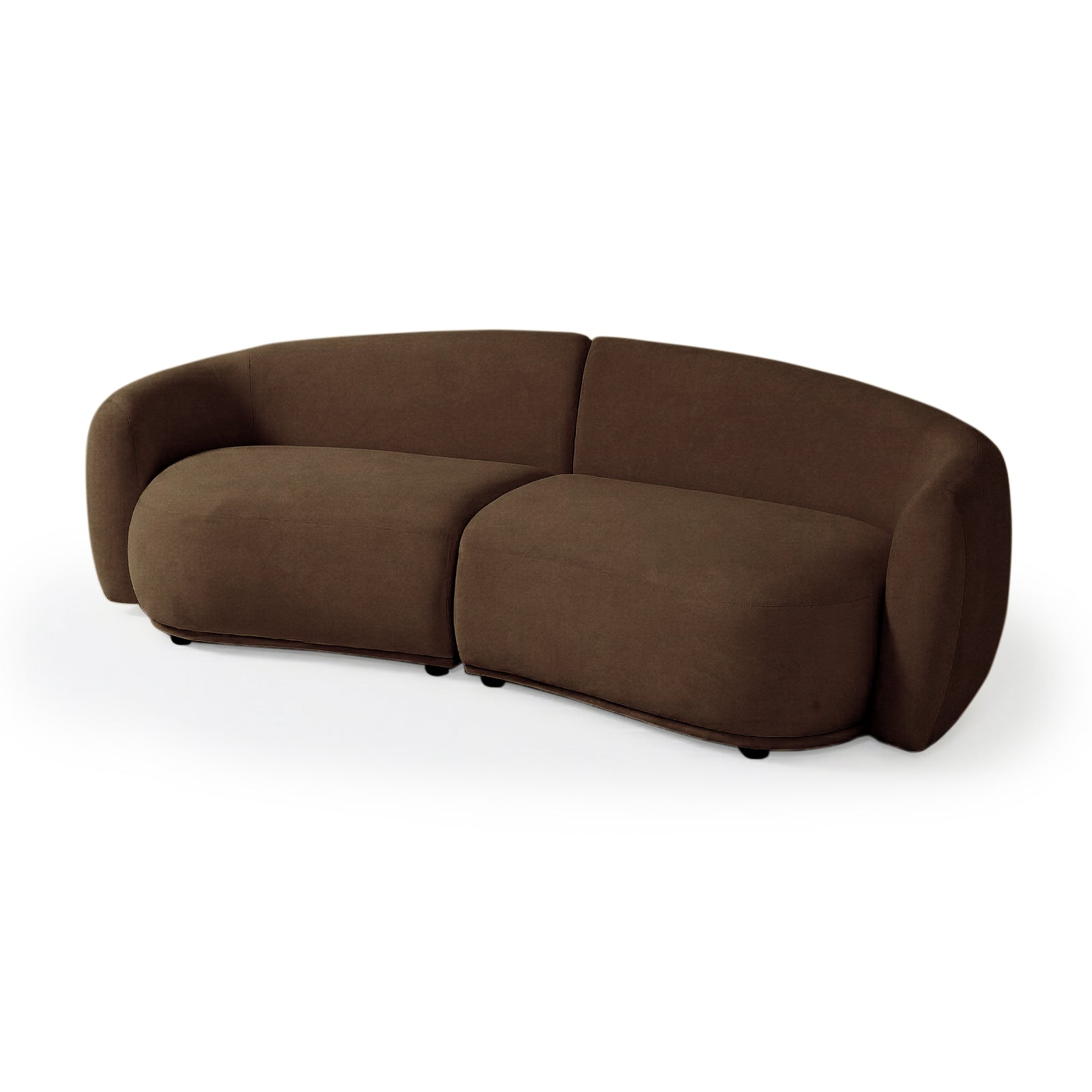 Modern curved brown sofa on white background