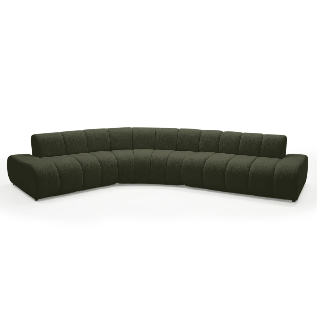 Curved dark green sectional sofa on white background, full view