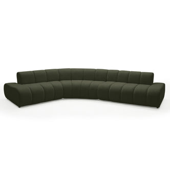 Curved dark green sectional sofa on white background, full view