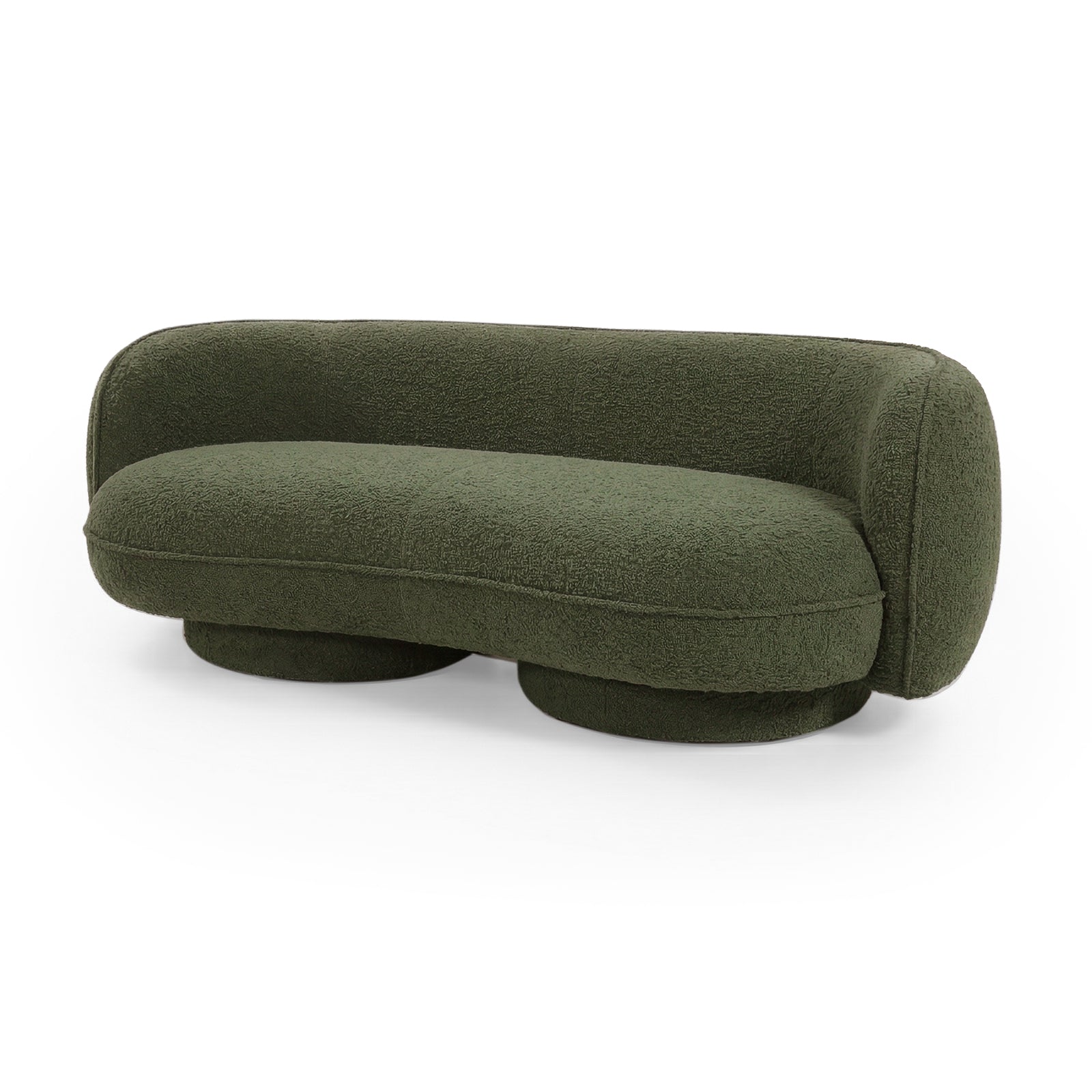 Olive green boucle sofa on white background